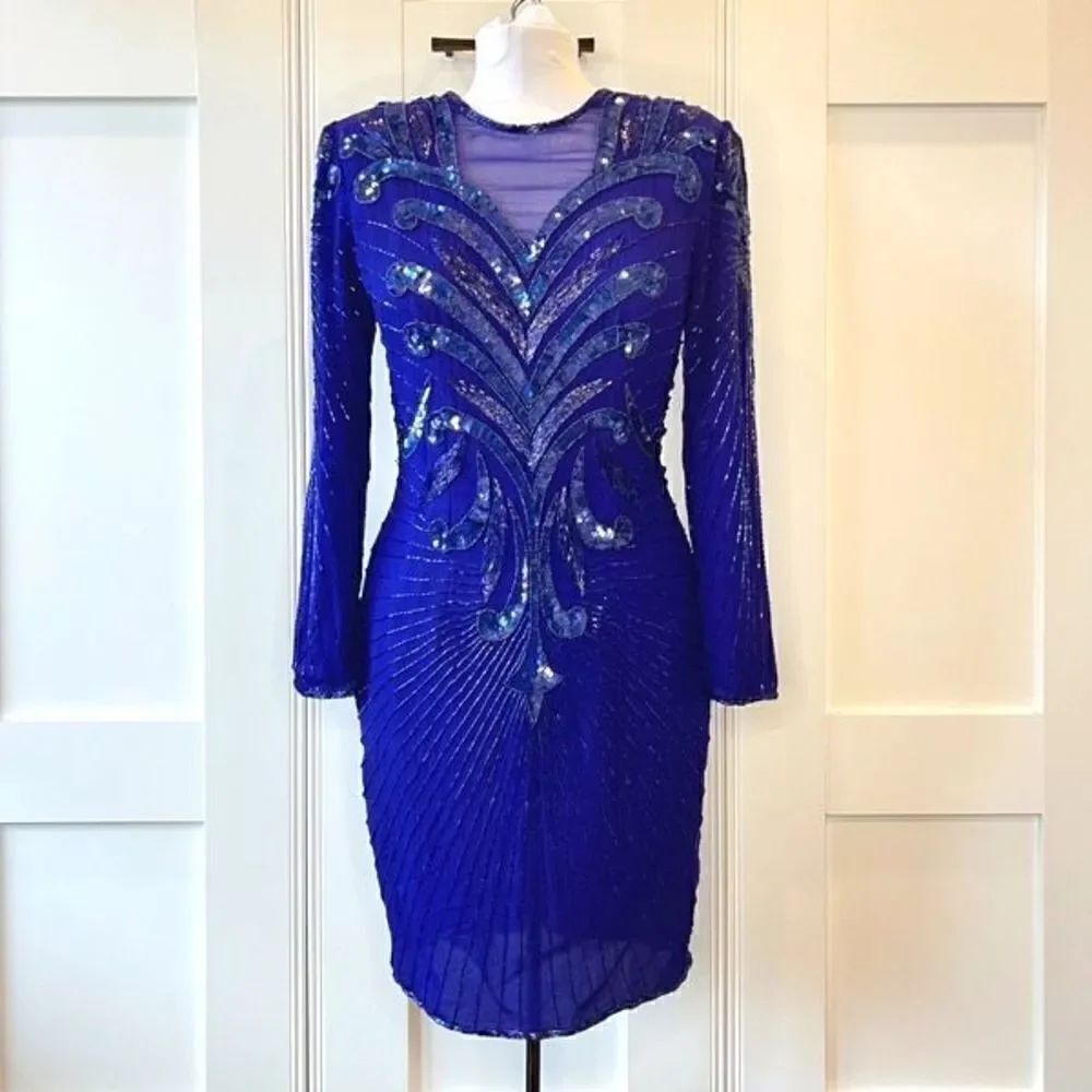 Stenay Paris Vintage Blue Silk Heavily Beaded Embellished Cocktail Dress 6